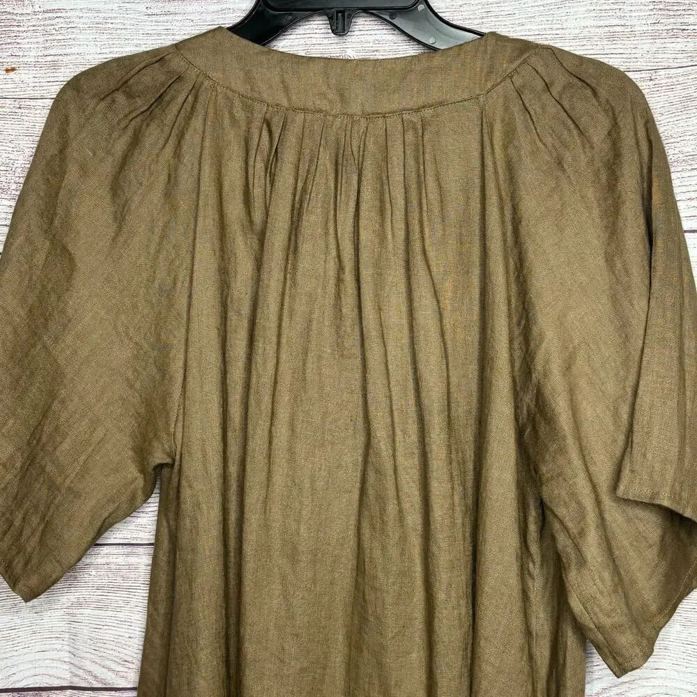 Miou Muse 100% Linen Brown Lagenlook Beachy Relaxed Casual Dress Size Medium